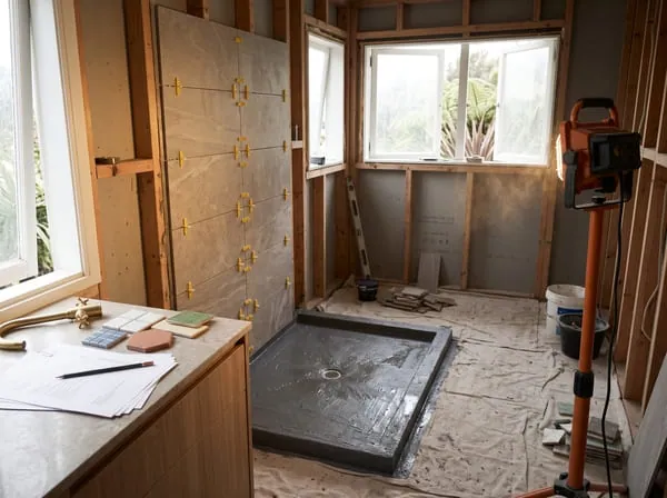 Mid-build: framing, waterproofed shower tray and tiling underway